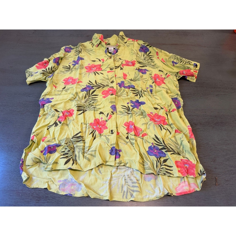 Sigrid Olsen Sport Womens Large Green Floral Rayon Button Up Tropical Shirt L